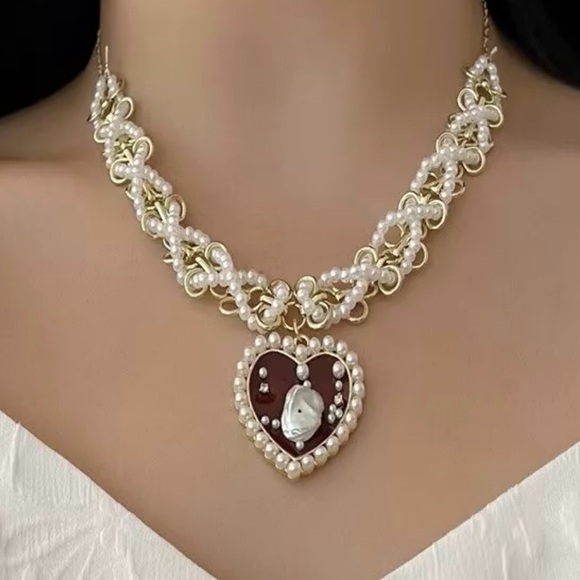 “Red Heart Sea of Pearls” Flake Shard Float Drift Love Romance Ocean Necklace - Picture 2 of 16